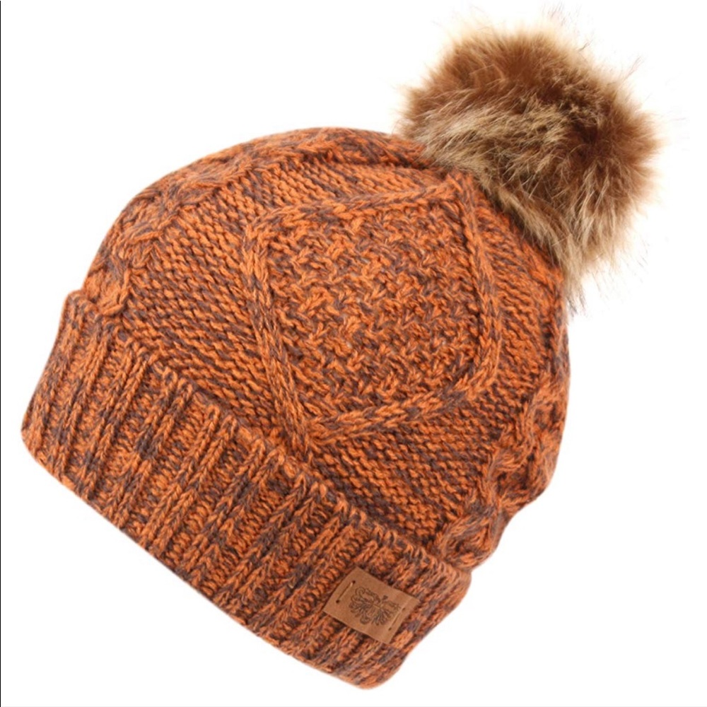 Knit Beanie with Faux Fur Pom Pom & Fleece Lining - Picture 1 of 2